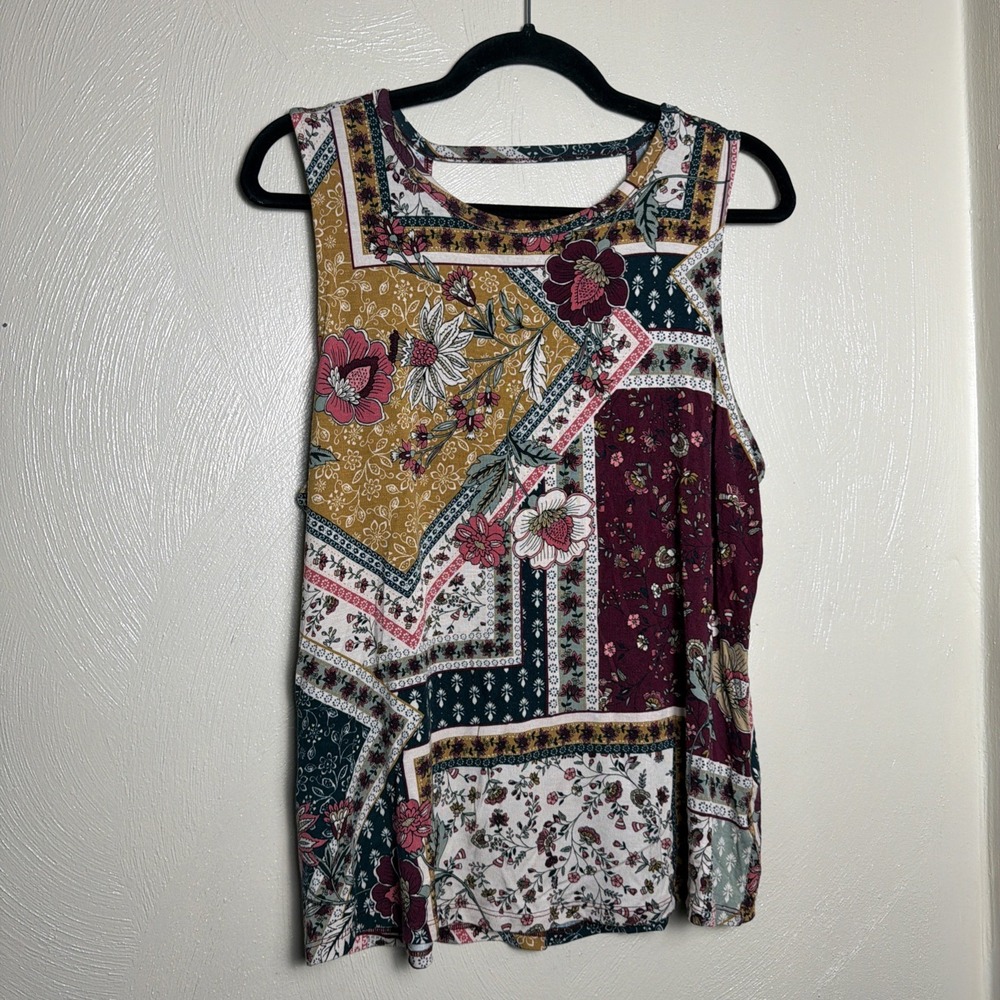 Maurices Tank Top Strappy Back L Multi Floral Boho Patchwork Sleeveless Summer